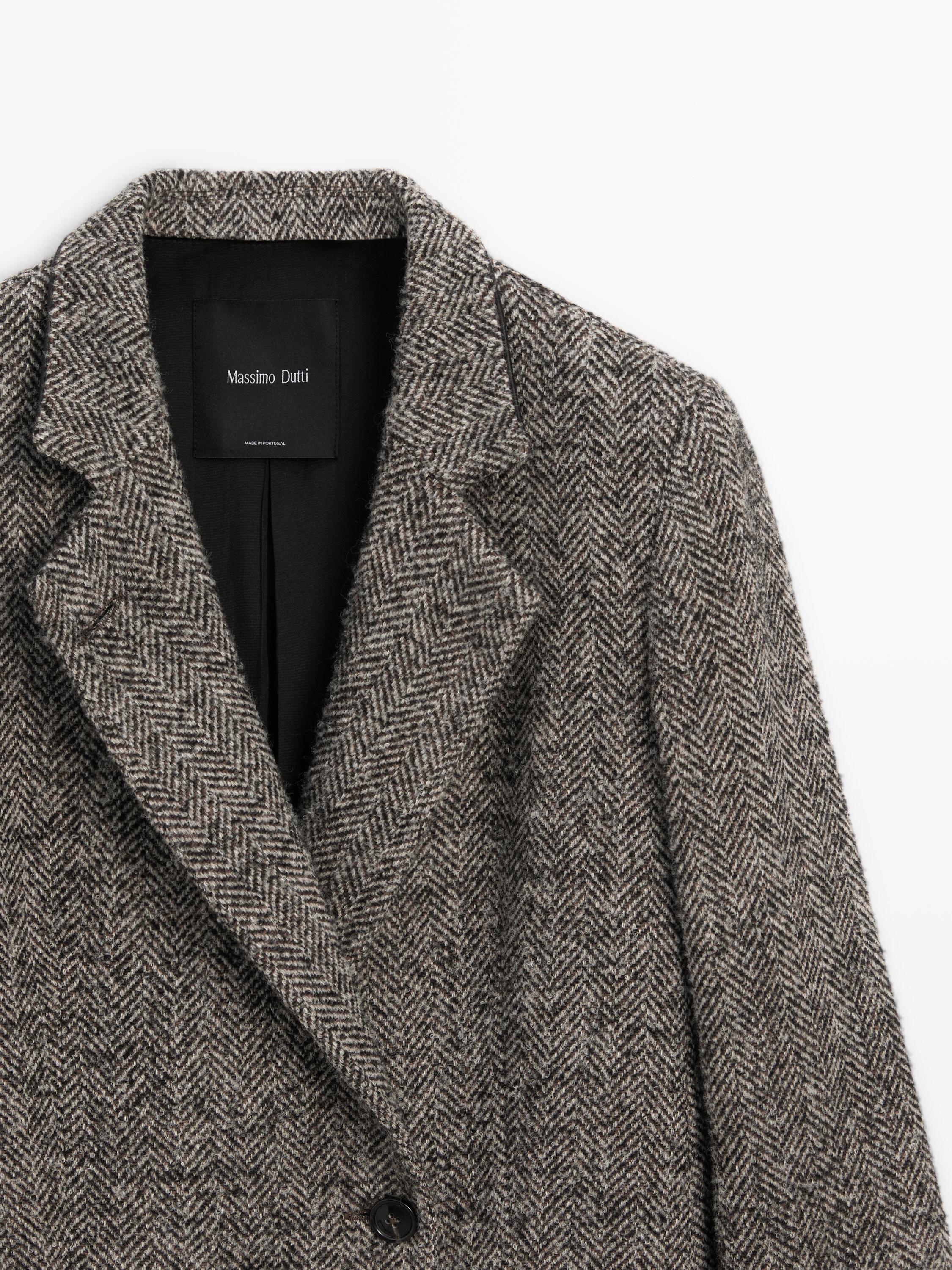 Herringbone wool blend blazer with high collar